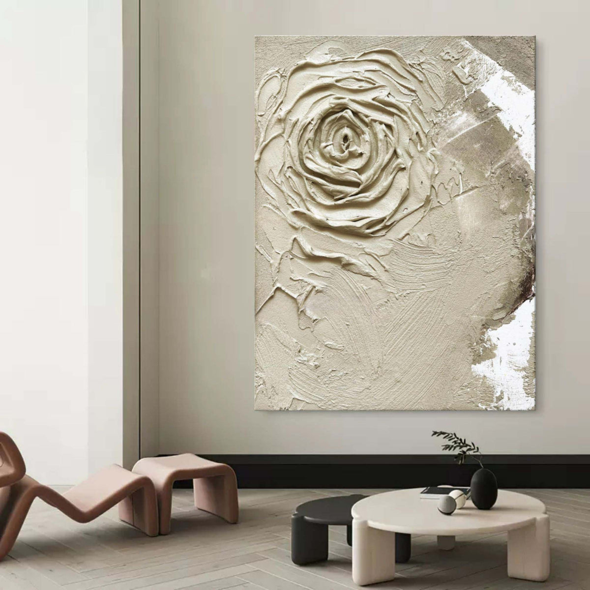 Wabi-Sabi 3D Textured Neutral Tone Rose Oil Painting