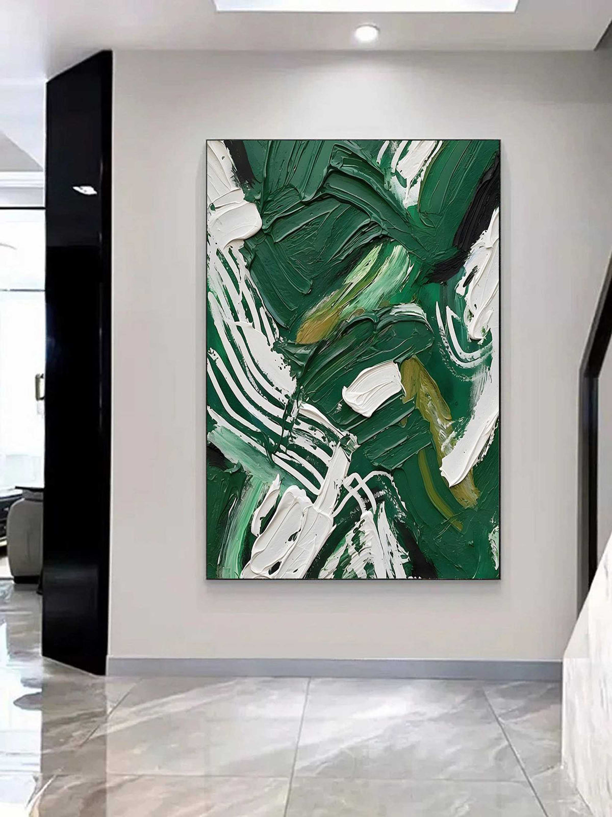 Colorful Dark Green And White Impasto Painting