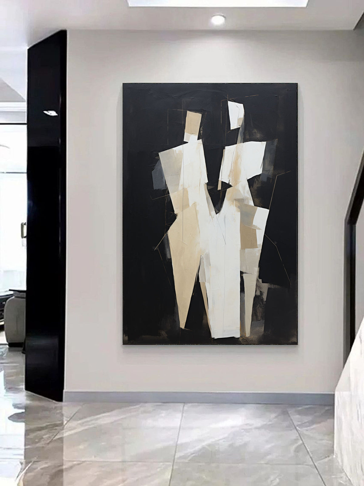 Cubist Style Couple Figure Oil Painting Black Beige