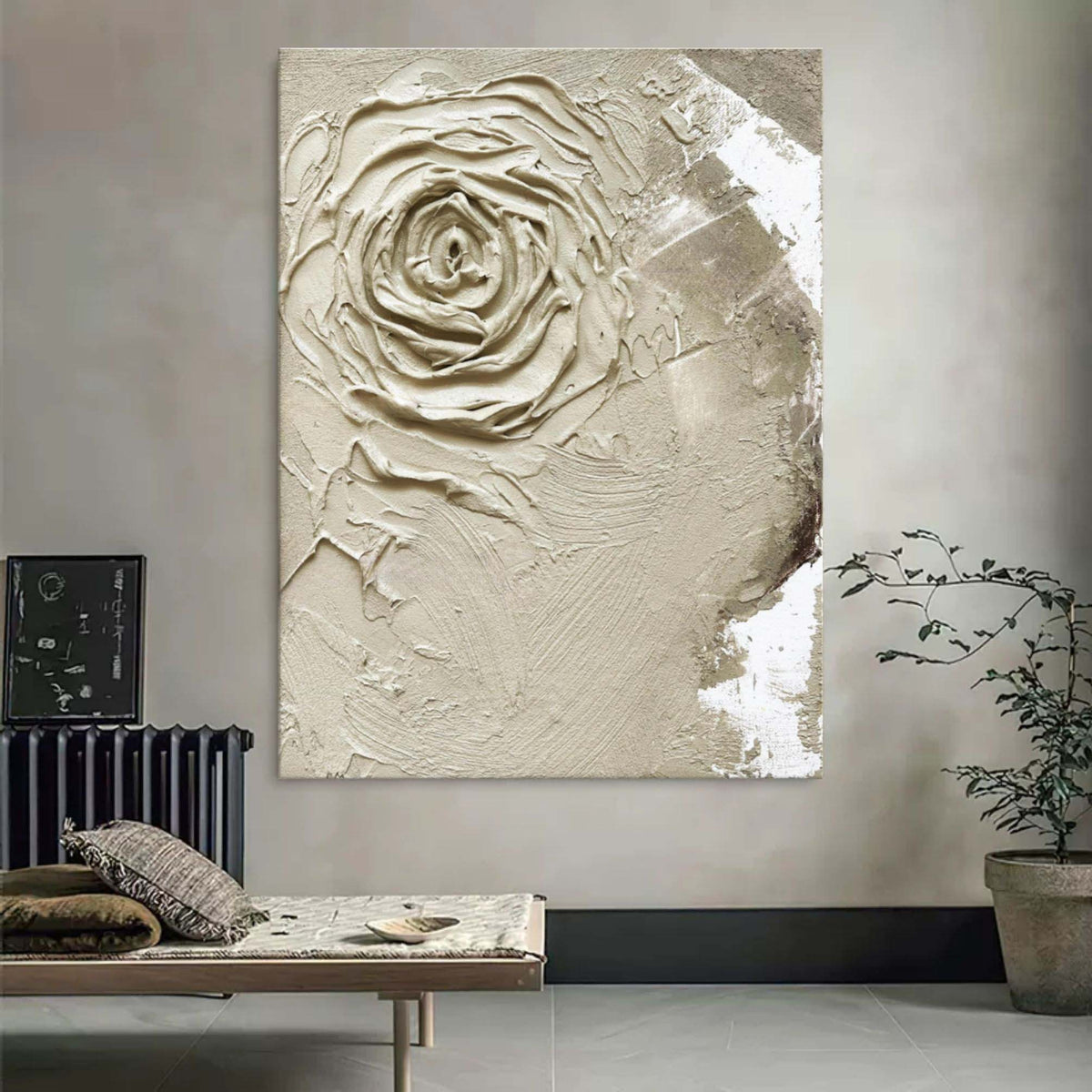 Wabi-Sabi 3D Textured Neutral Tone Rose Oil Painting