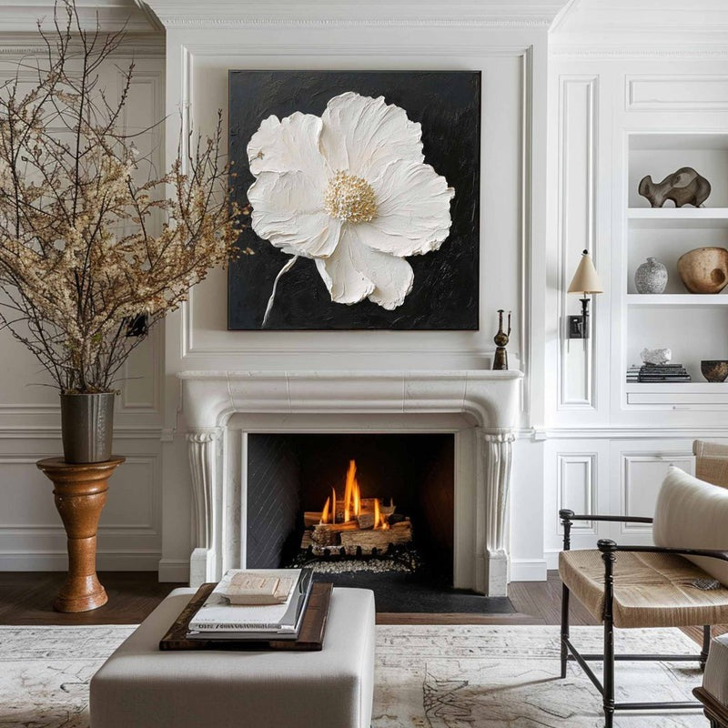 Wall Art White Flower Gold Textured Abstract Black Background Bedroom