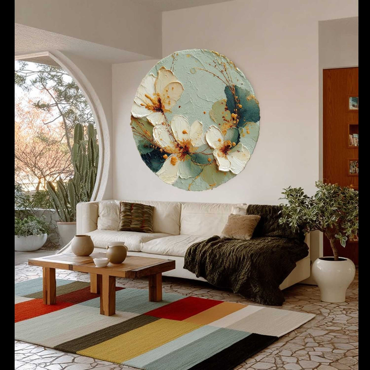 Wall Art Round White Floral Gold Accents