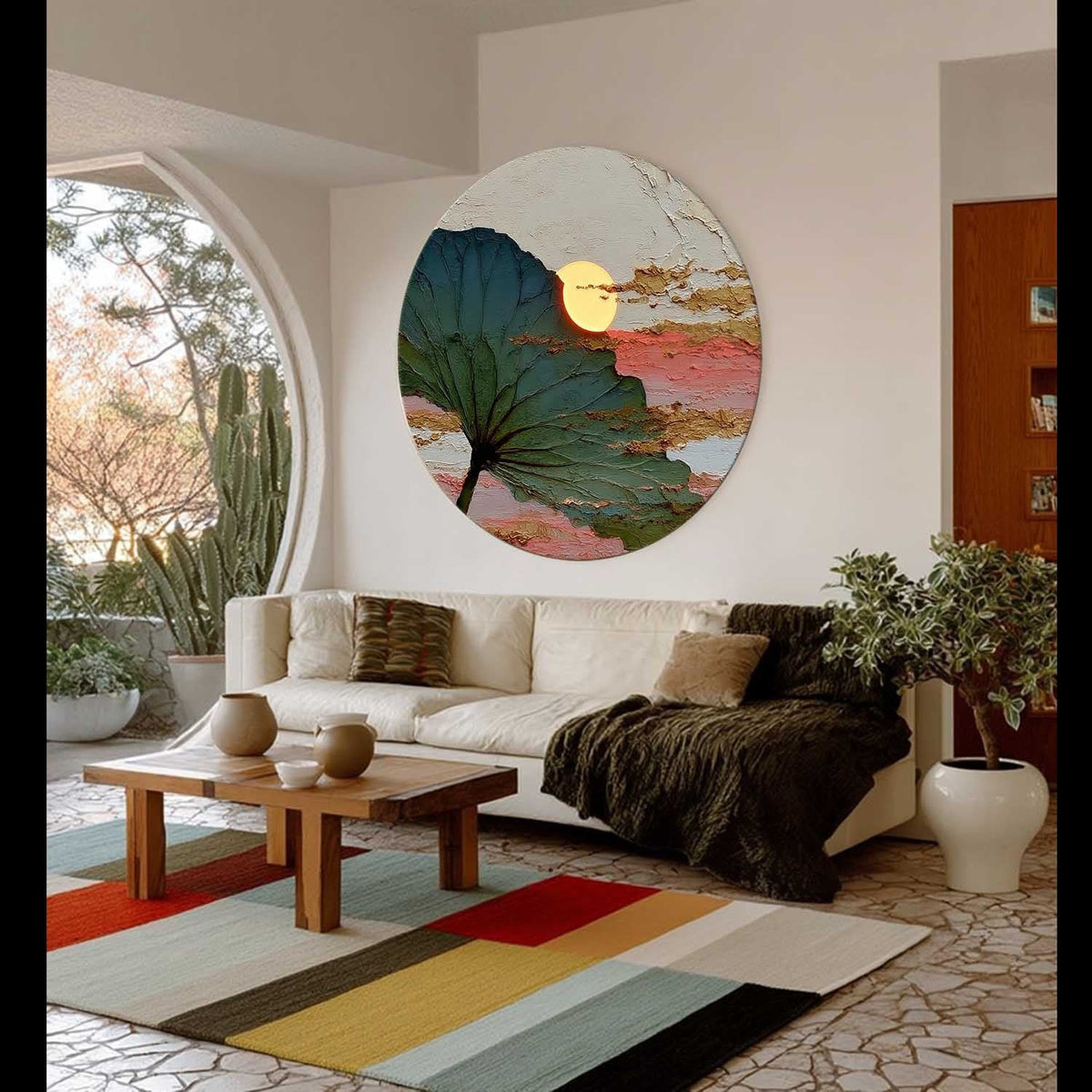 Wall Art Round Single Leaf Pink Sunset