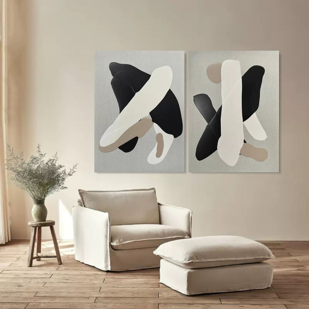 Abstract Neutral Organic Shape Diptych Wall Art