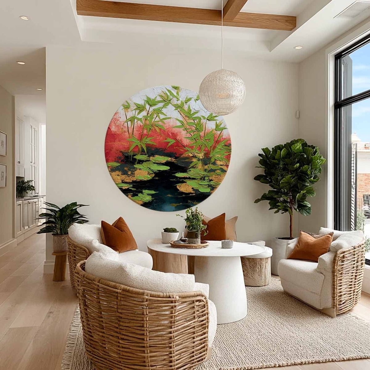 Wall Art Round Bamboo Lotus Leaf Red