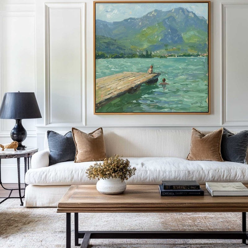 Wall Art Lake Dock Mountain Impressionist Textured Living Room