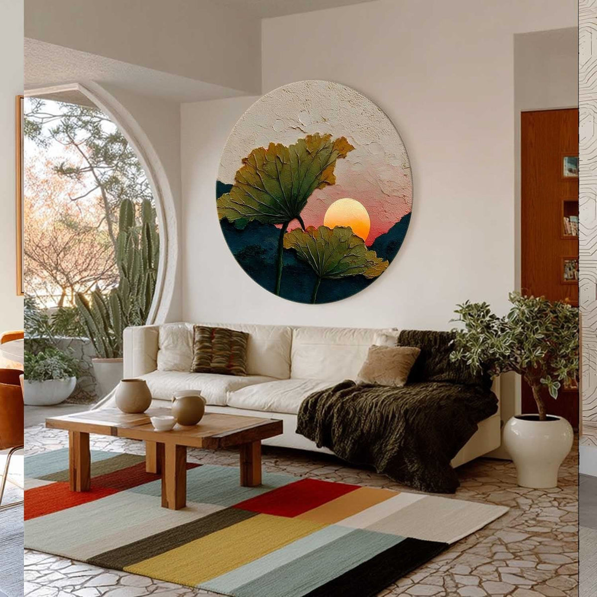 Wall Art Round Lotus Leaves Pink Sunset