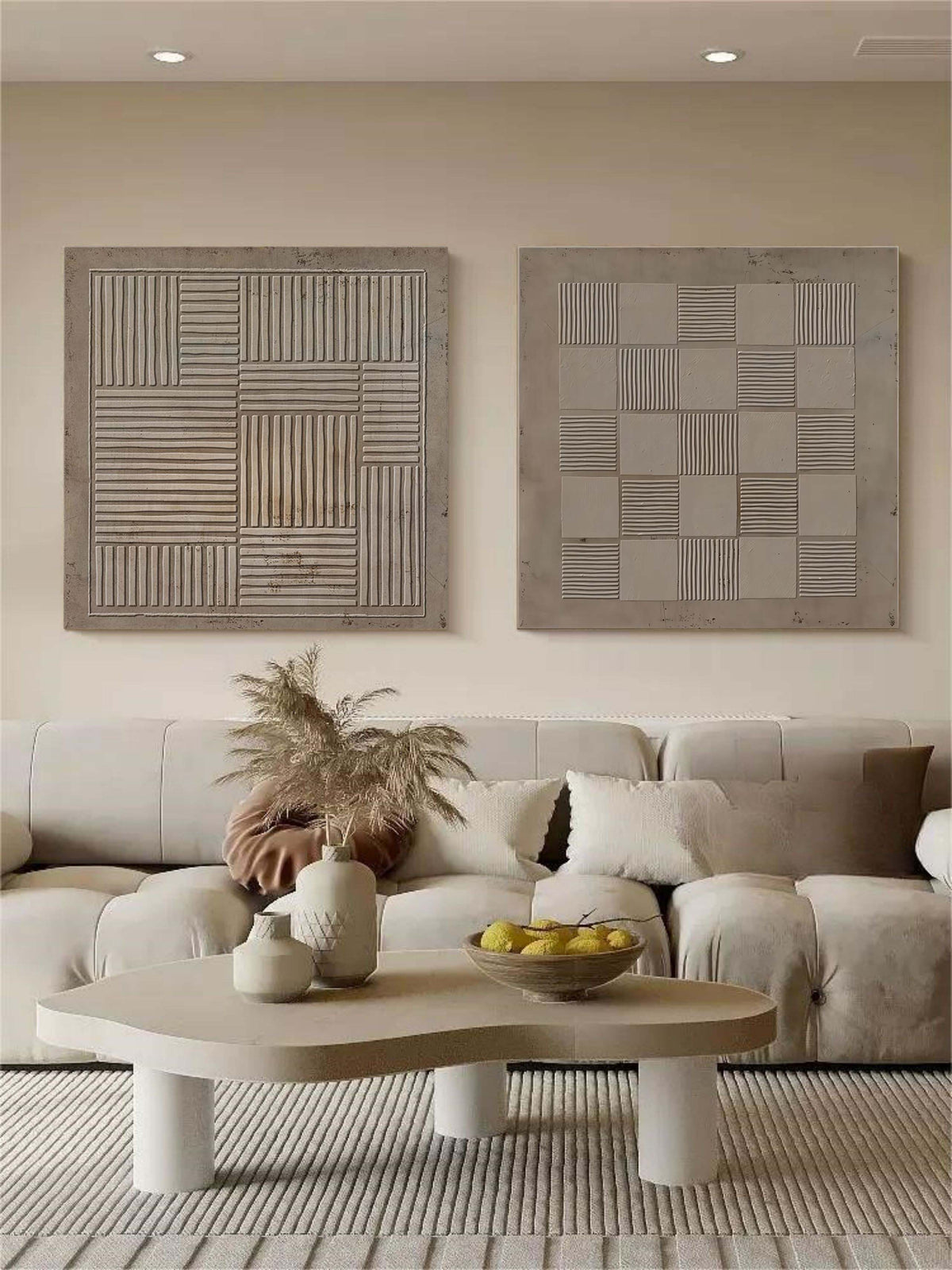 Wall Art Taupe Geometric Grid Checkerboard