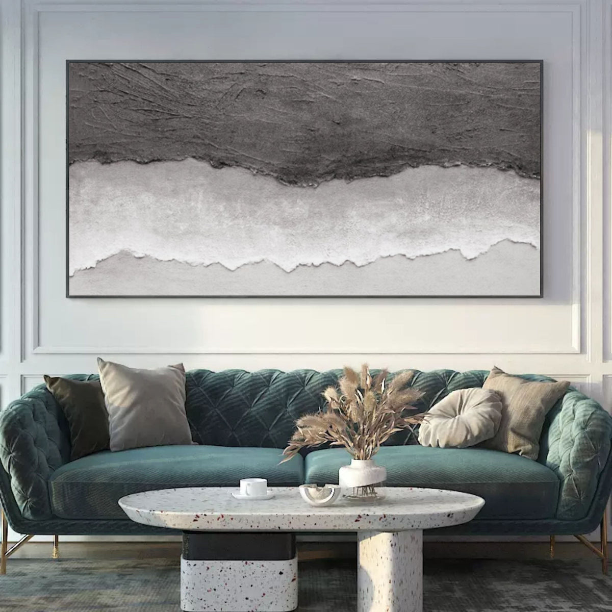 Monochrome Coastal Horizon Bas-Relief Painting