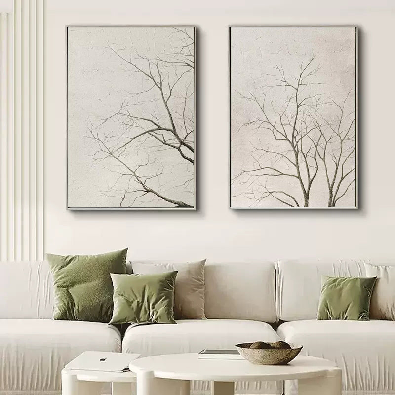 Set Of 2 Neutral Bare Tree Diptych Painting Textured