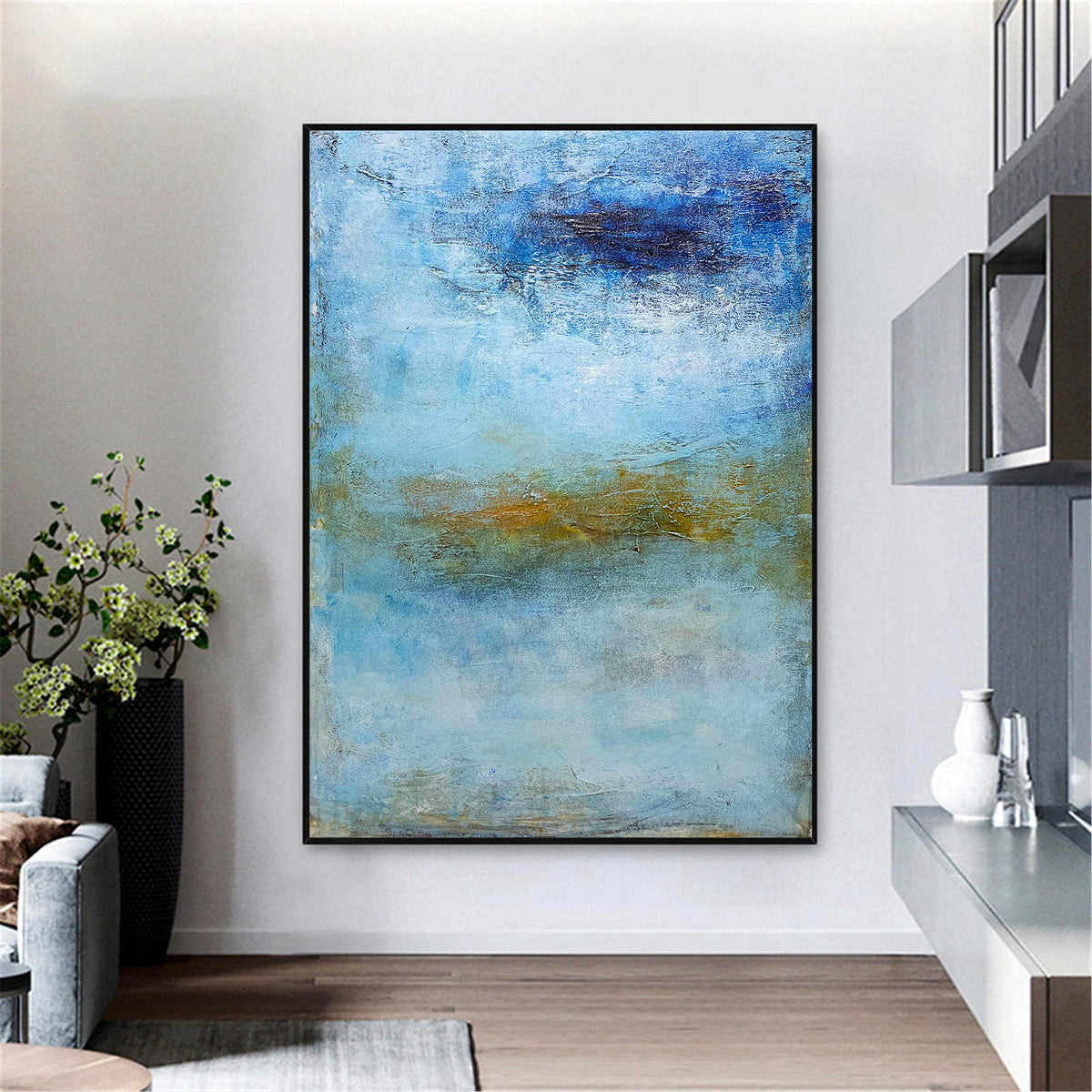Seascape Blue Gold White Coastal Abstract Oil Painting on Linen Canvas