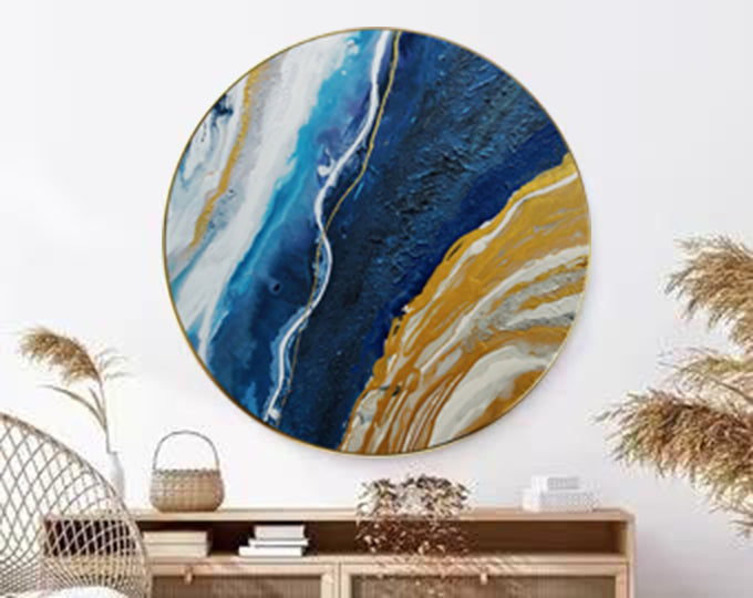 Wall Art Blue Gold Round Abstract Marble Modern Texture Living Room