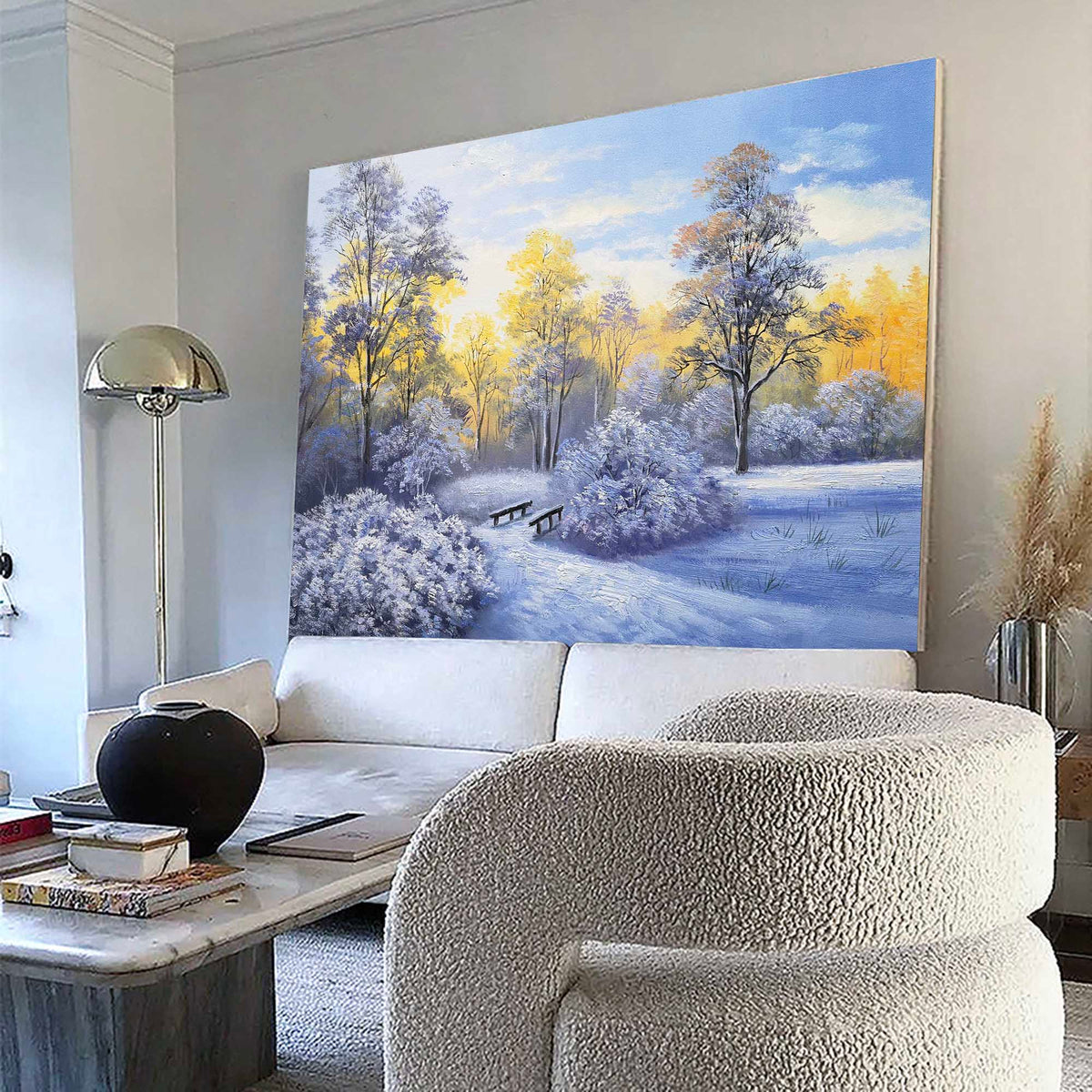 Sunlit Snowy Woodland Scene Vibrant Warm‑Cool Tone Nature Wall Art