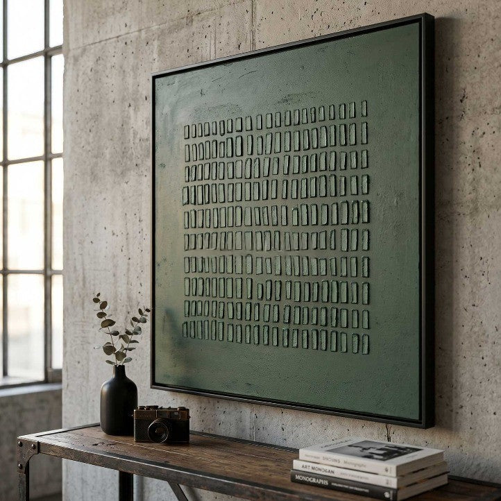 Wabi-Sabi Wall Art Dark Green Textured Grid Abstract Painting