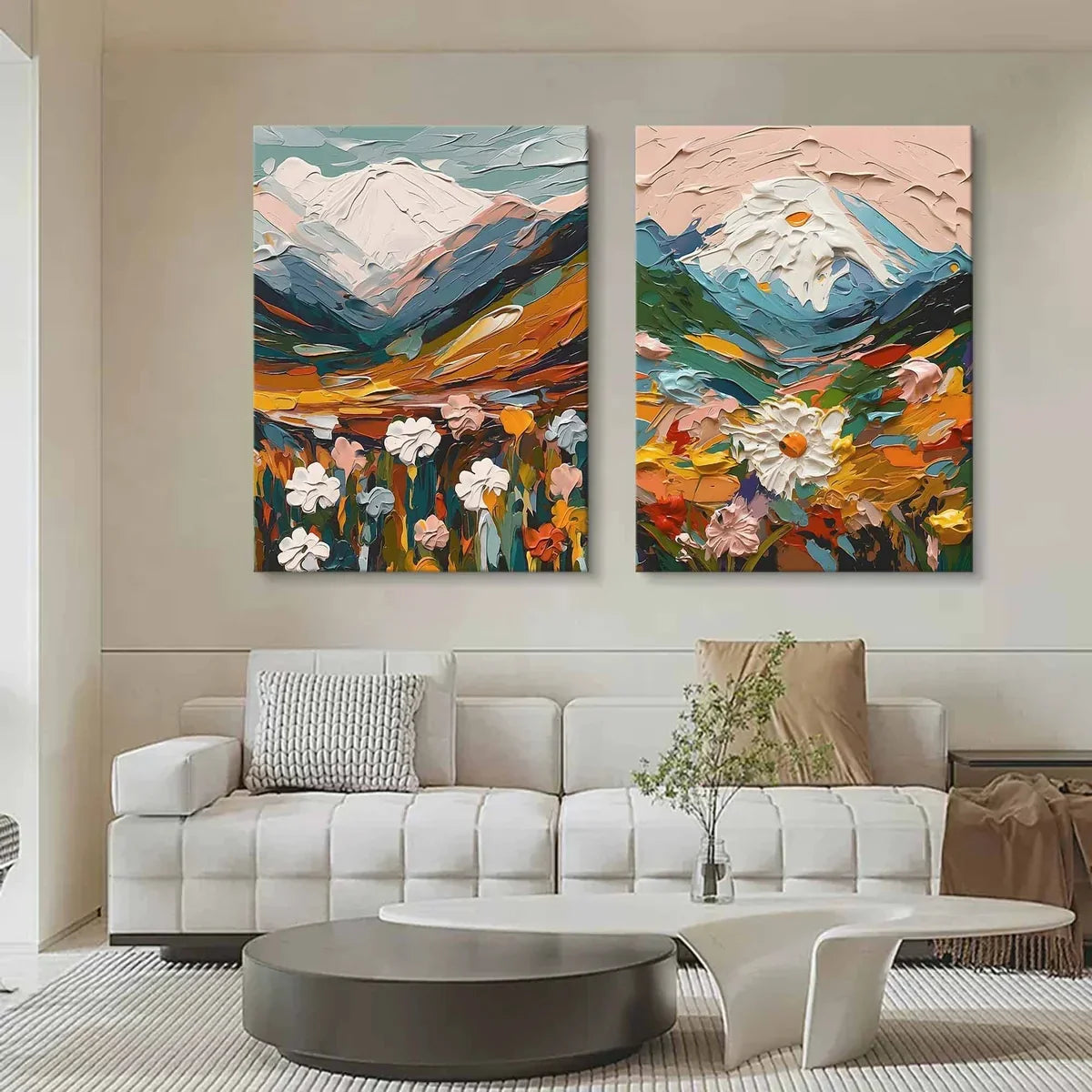 Mountain Floral Diptych 3D Impasto Painting