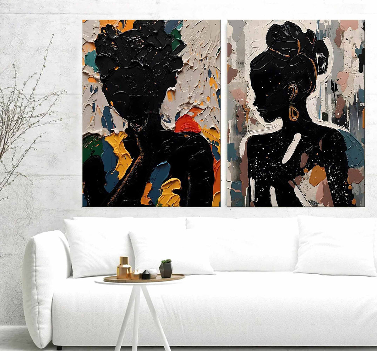 Black Silhouette Portrait Diptych Oil Painting