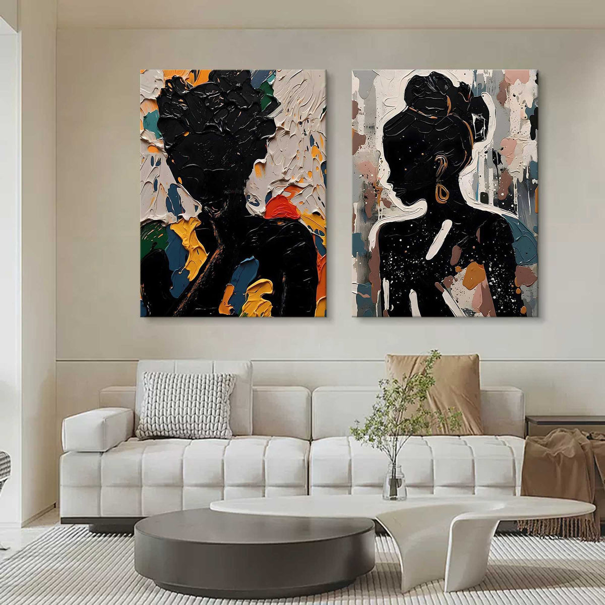 Black Silhouette Portrait Diptych Oil Painting