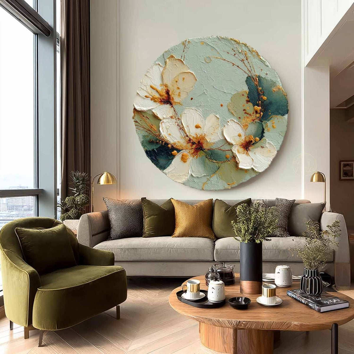 Wall Art Round White Floral Gold Accents