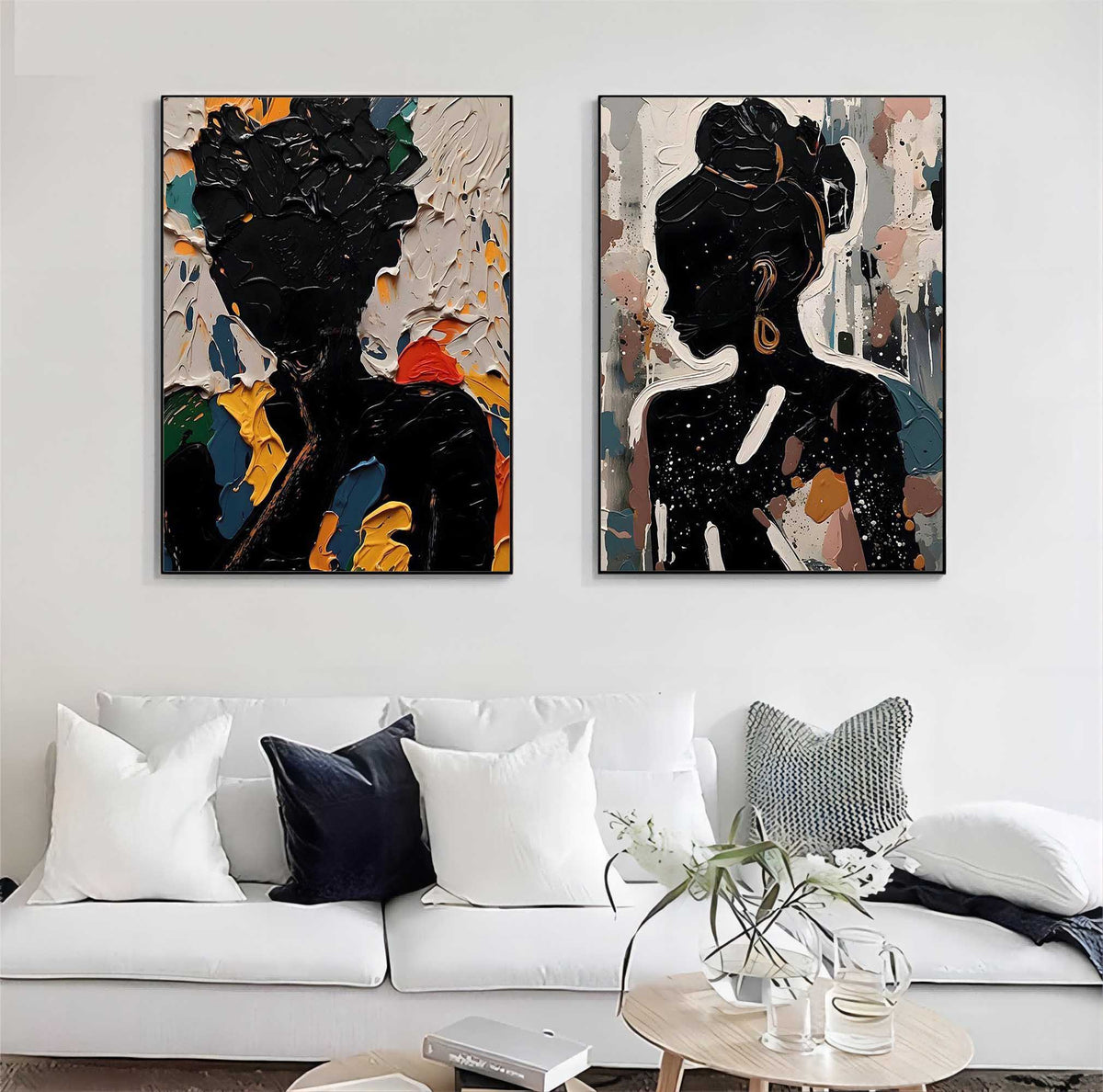 Black Silhouette Portrait Diptych Oil Painting