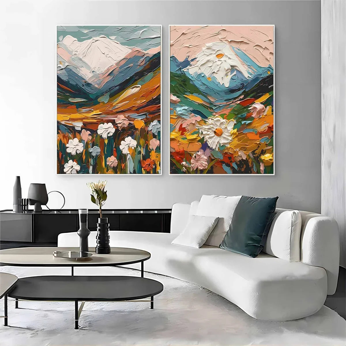 Mountain Floral Diptych 3D Impasto Painting