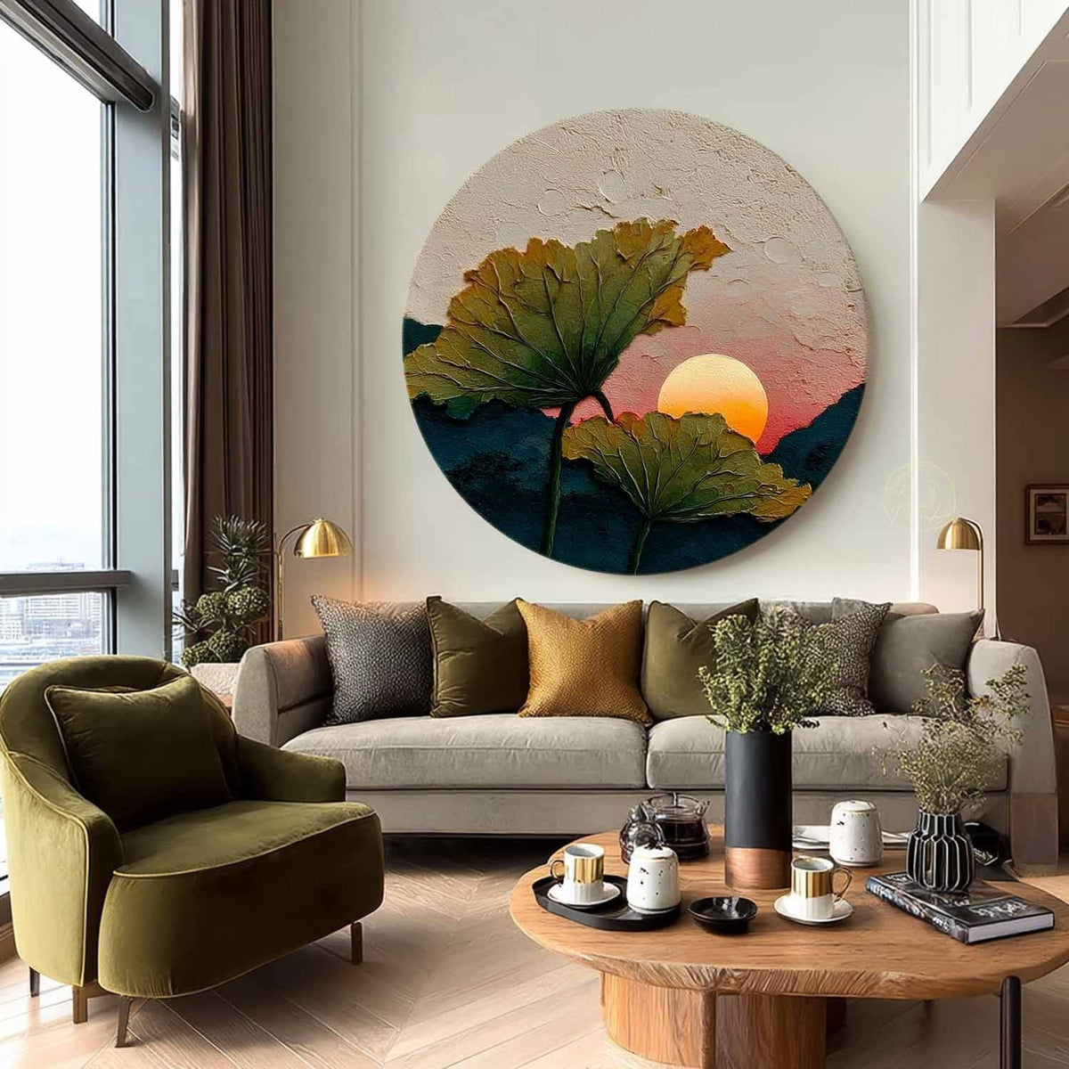 Wall Art Round Lotus Leaves Pink Sunset