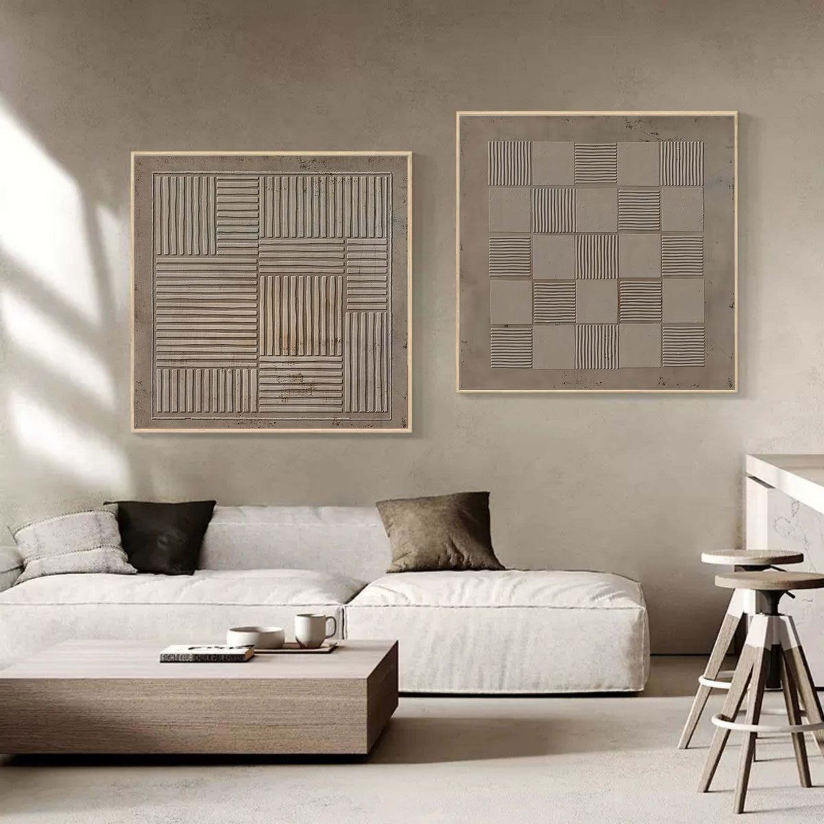 Wall Art Taupe Geometric Grid Checkerboard