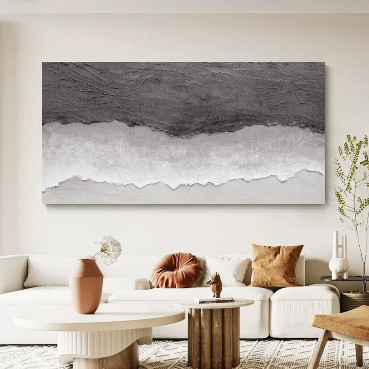 Monochrome Coastal Horizon Bas-Relief Painting
