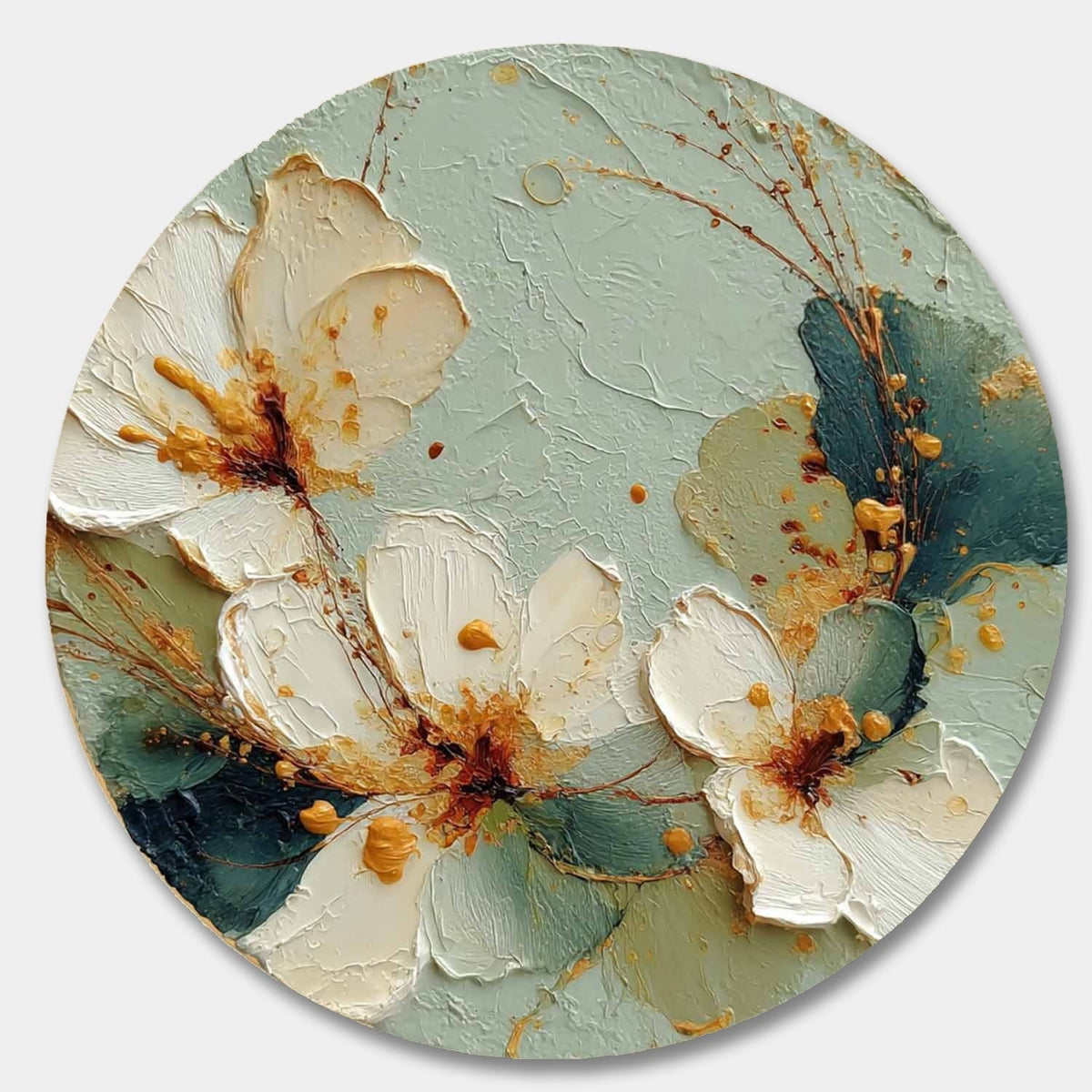 Wall Art Round White Floral Gold Accents