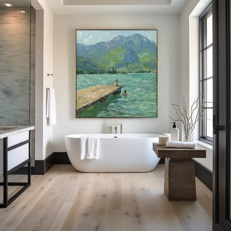 Wall Art Lake Dock Mountain Impressionist Textured Living Room