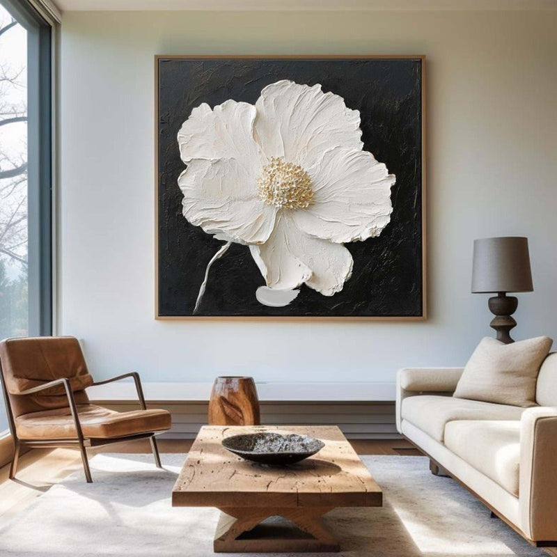 Wall Art White Flower Gold Textured Abstract Black Background Bedroom