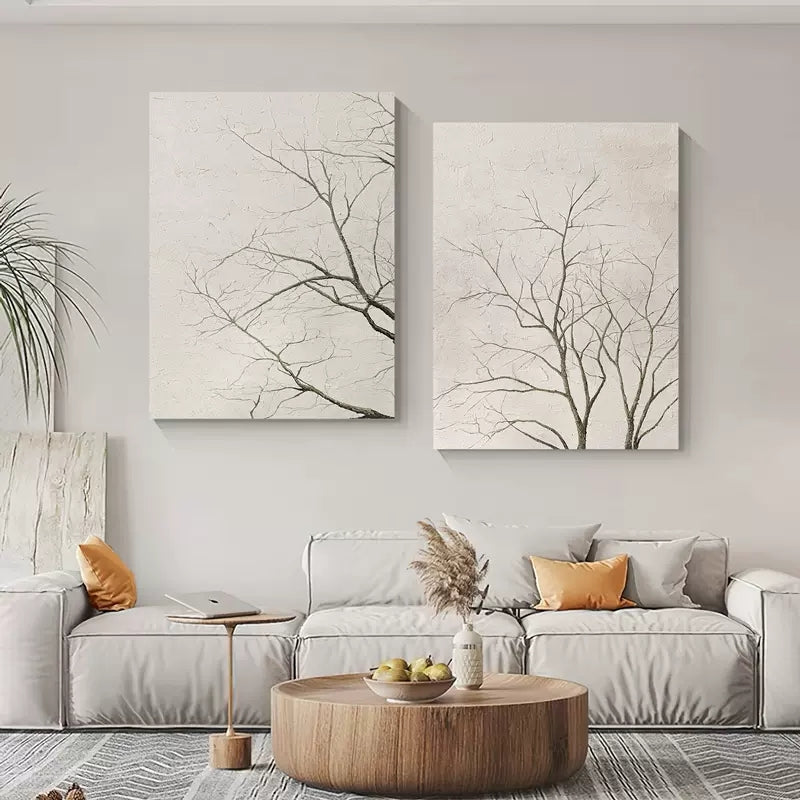Set Of 2 Neutral Bare Tree Diptych Painting Textured