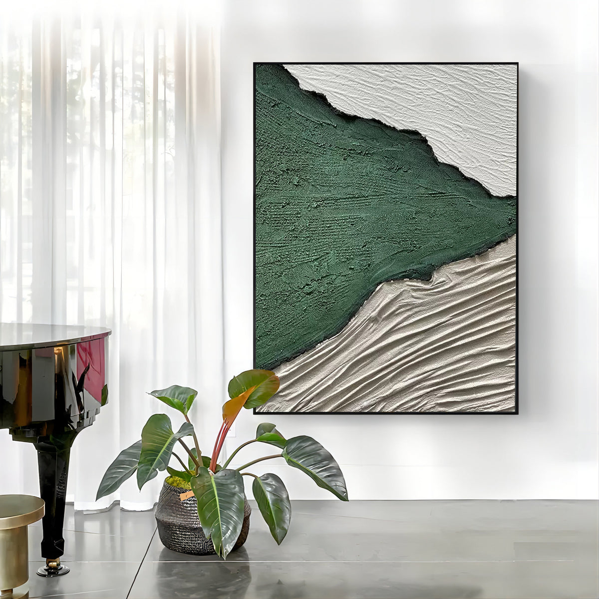 Emerald Green Landscape Bas-Relief Painting