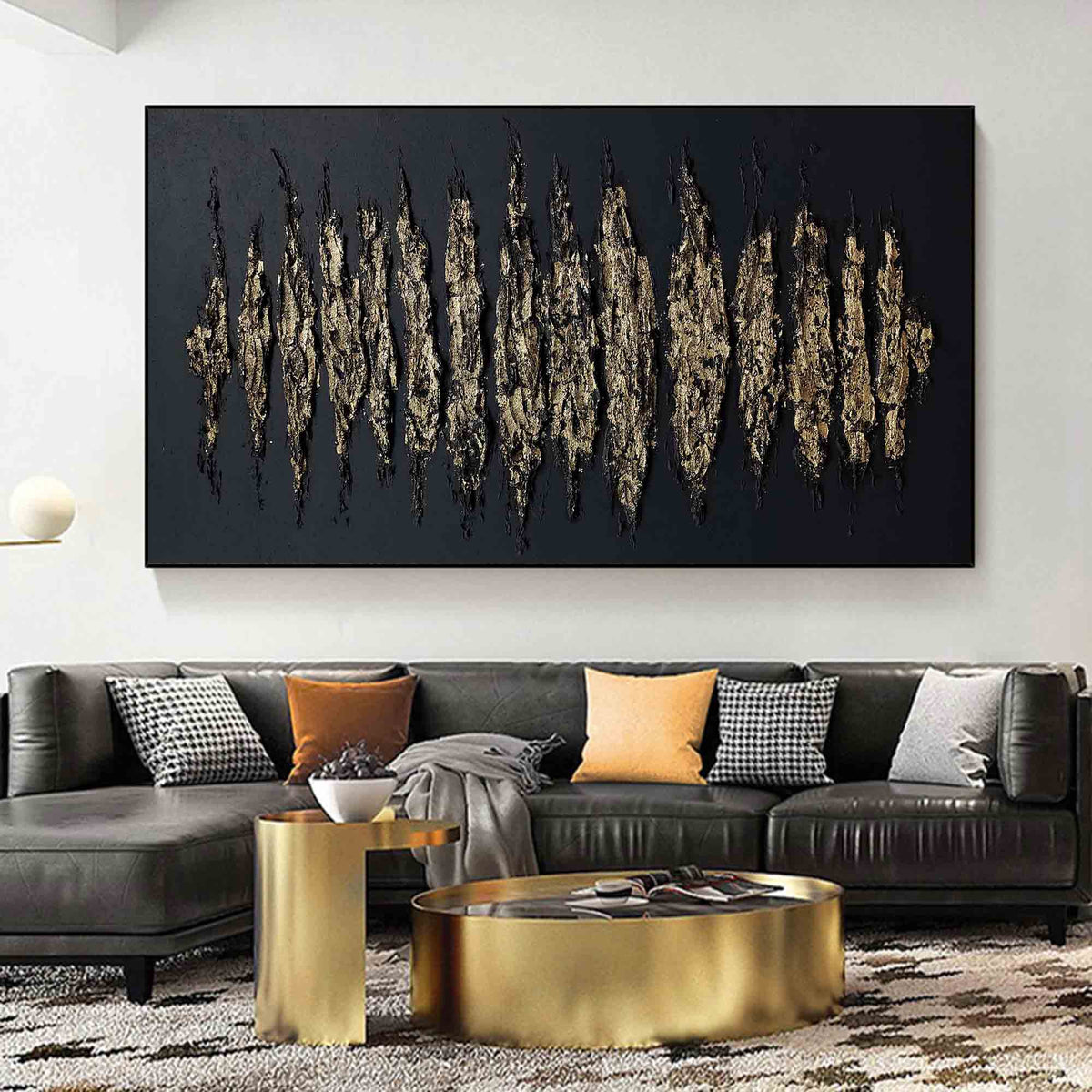 Wall Art Gold Black Abstract Strokes Modern Luxury Texture Living Room