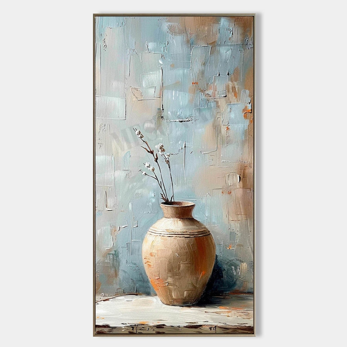 Vertical Textured Terracotta Vase Painting