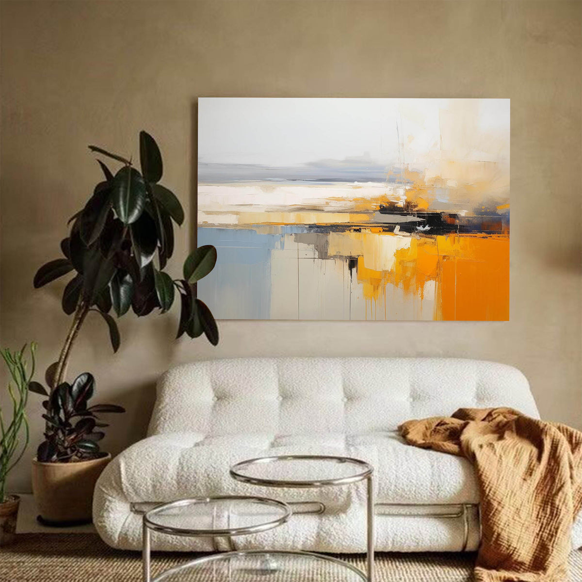 Abstract Coastal Landscape Oil Painting Bold Orange