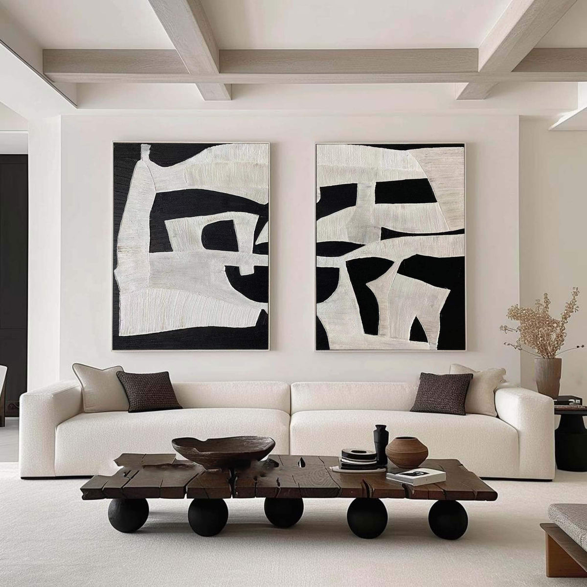 Wall Art Black White Abstract Minimalist Textured Diptych Living Room