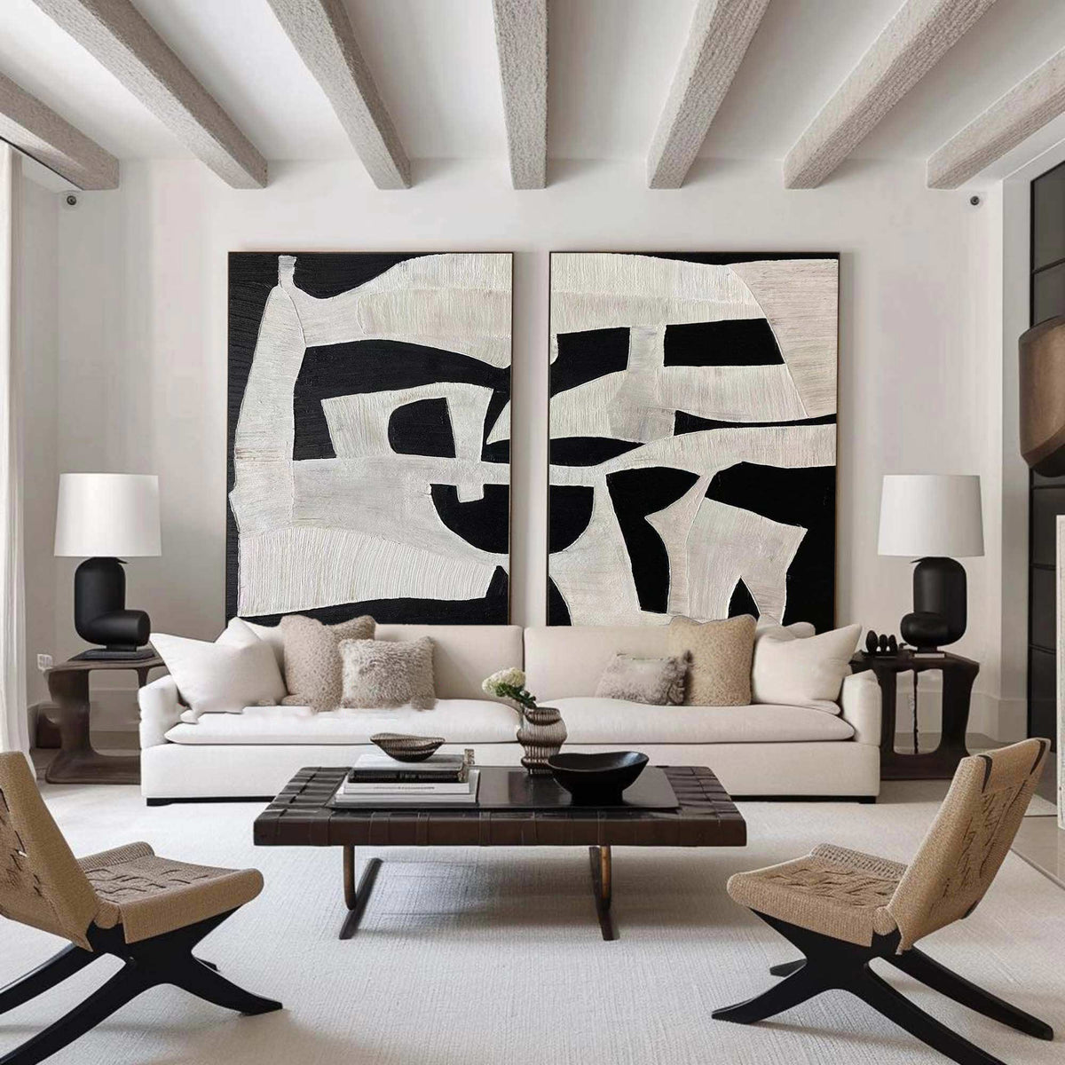 Wall Art Black White Abstract Minimalist Textured Diptych Living Room