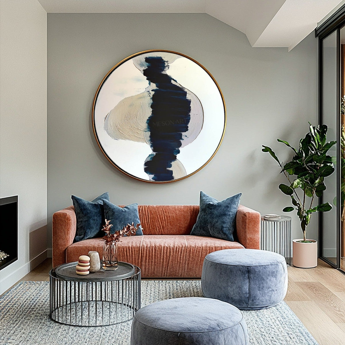 Wall Art Round Navy Beige Brushstroke