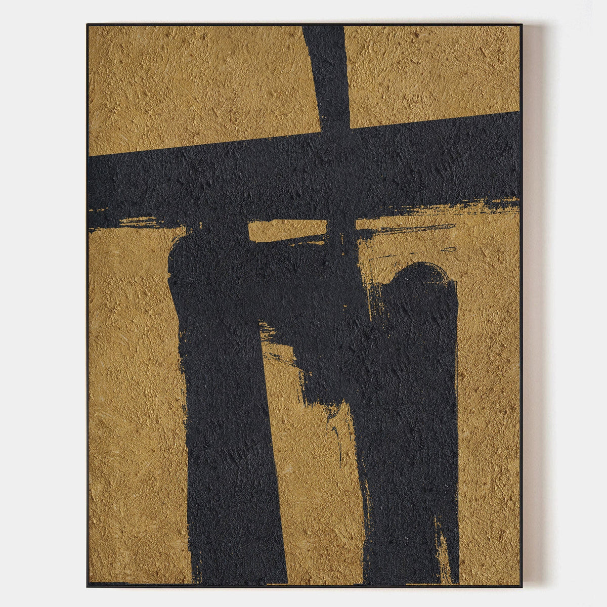 Gold‑Black Vertical Abstract Bold‑Brush‑Shape Rugged‑Tactile‑Textured Artwork