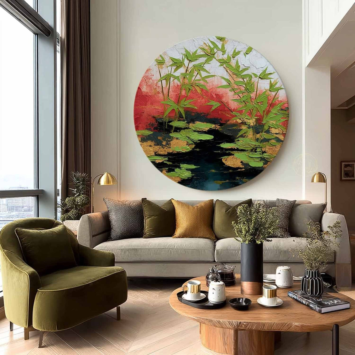 Wall Art Round Bamboo Lotus Leaf Red