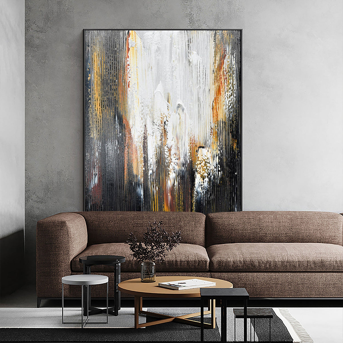 Large Contemporary Abstract Black Gold White Textured Vertical Oil Painting on Linen Canvas