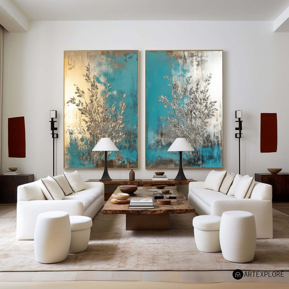 Teal Gold Abstract Diptych Textured Painting