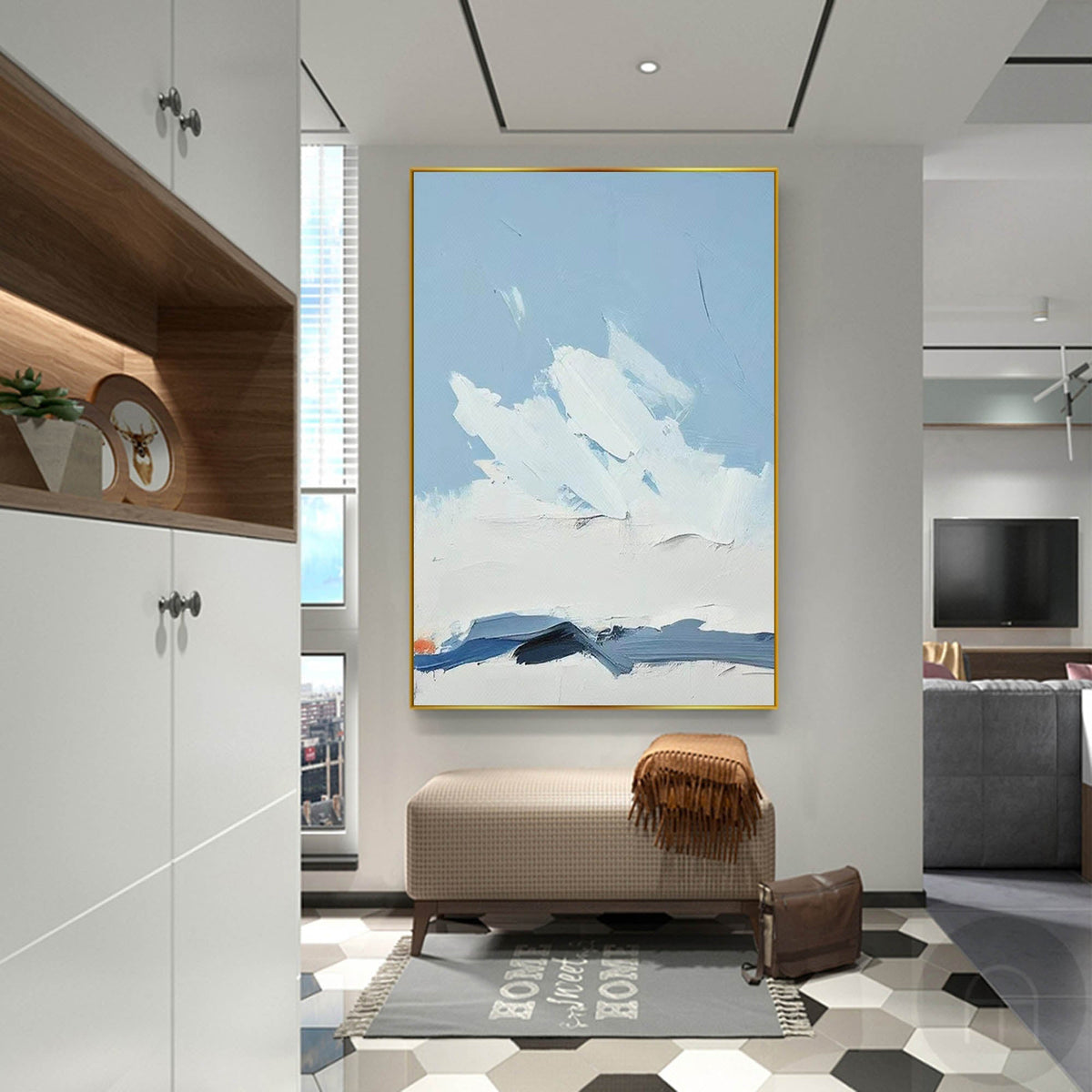 Minimalist Coastal Impasto Oil Painting Blue Sky Wall Art