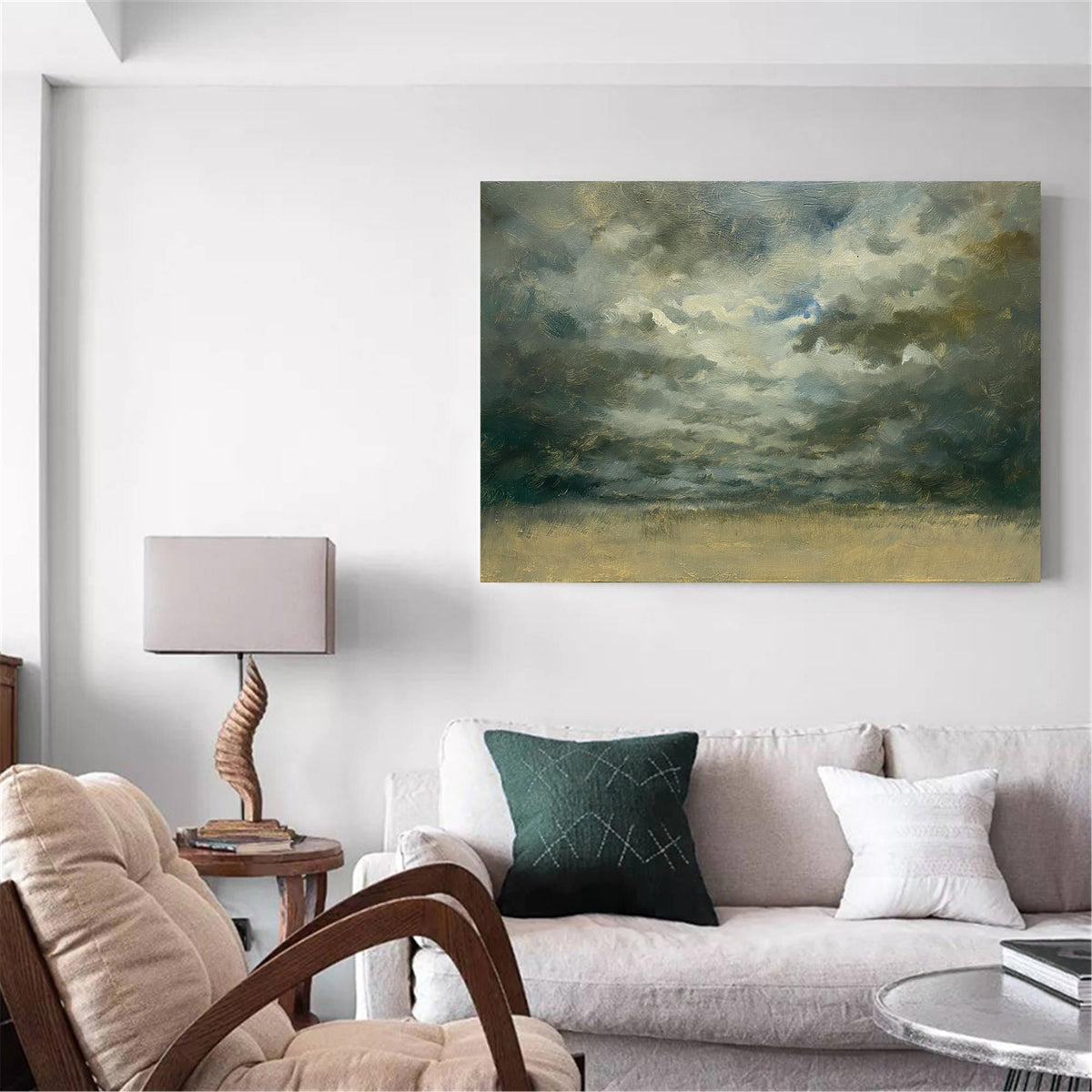 Abstract Stormy Sky Gold Horizon Oil Acrylic Linen Canvas Painting