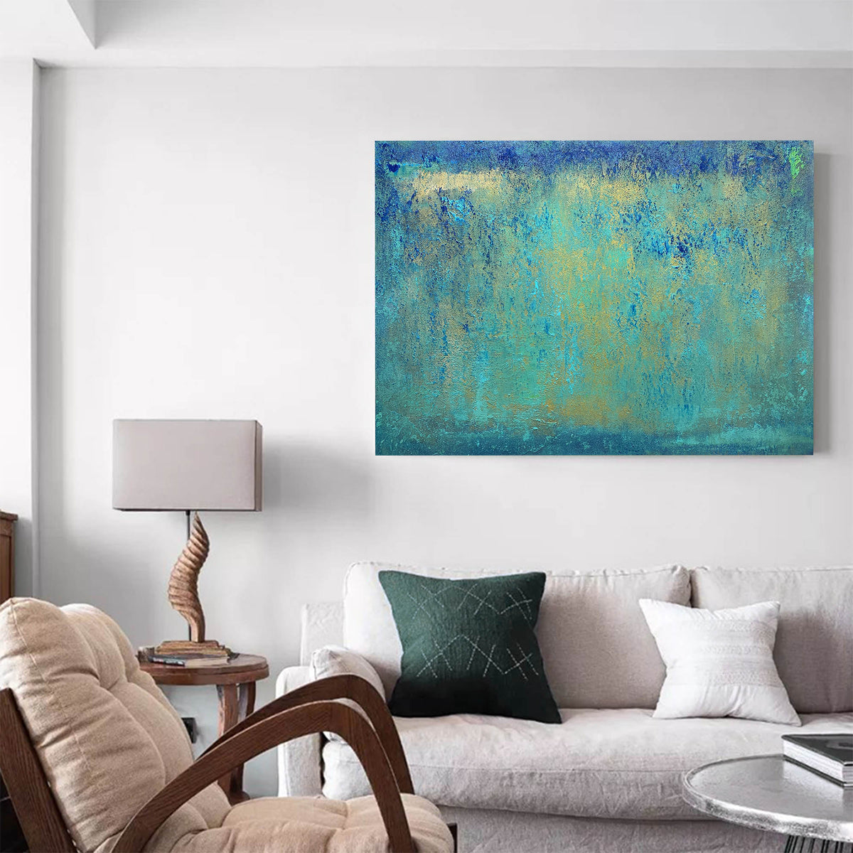 Turquoise Horizon Textured Abstract Unstretched Linen Canvas Wall Art