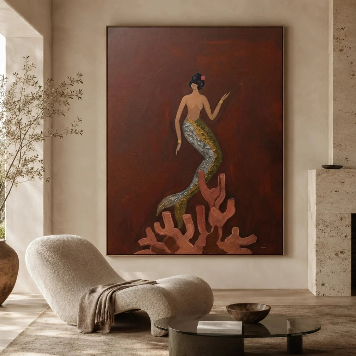 Mermaid Upon Coral Surreal Oil Painting