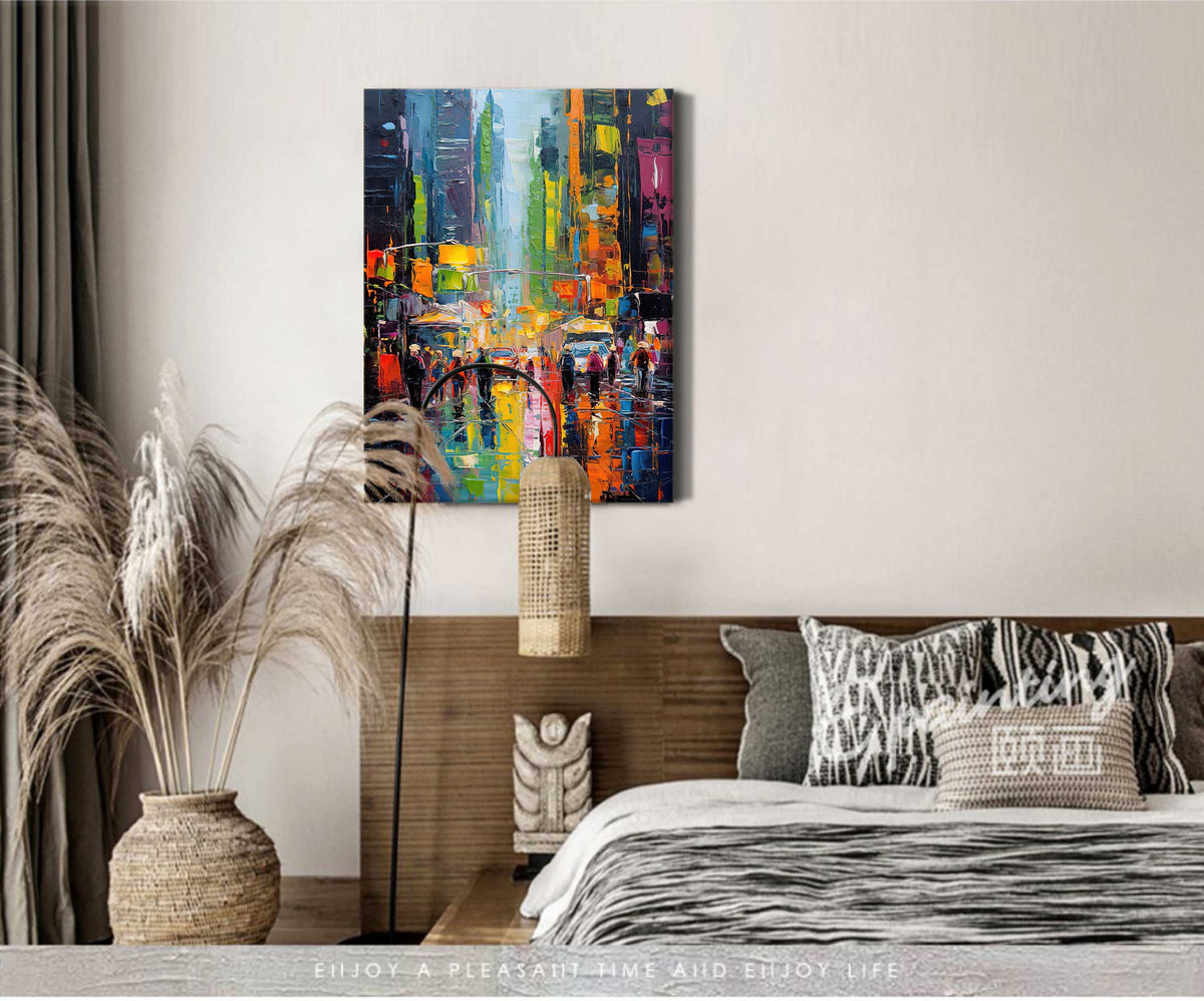 Wall Art Colorful City Street Abstract Impasto Texture Living Room