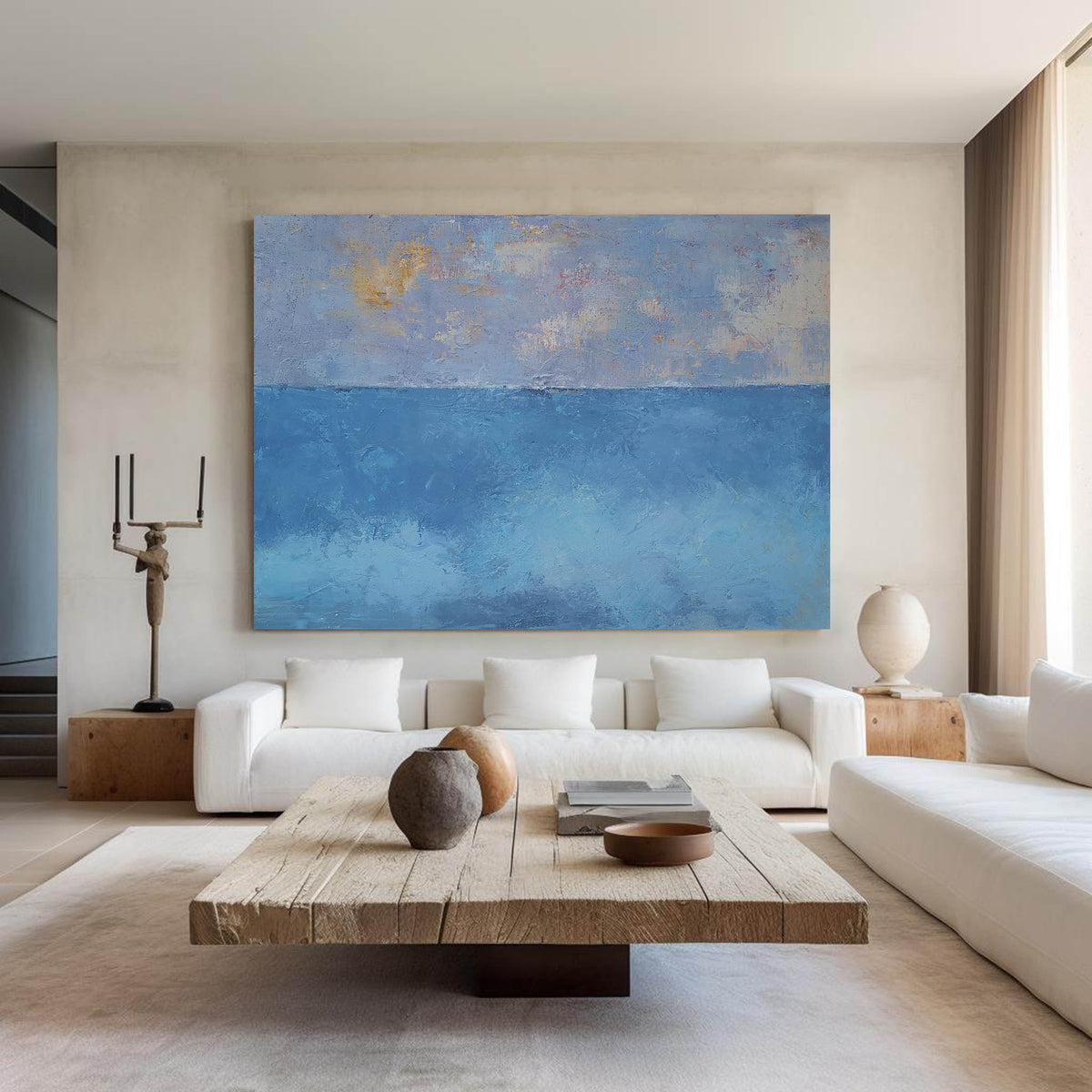 Blue‑Gold Sky‑Ocean Seascape Abstract  Thick Tactile‑Texture Artwork