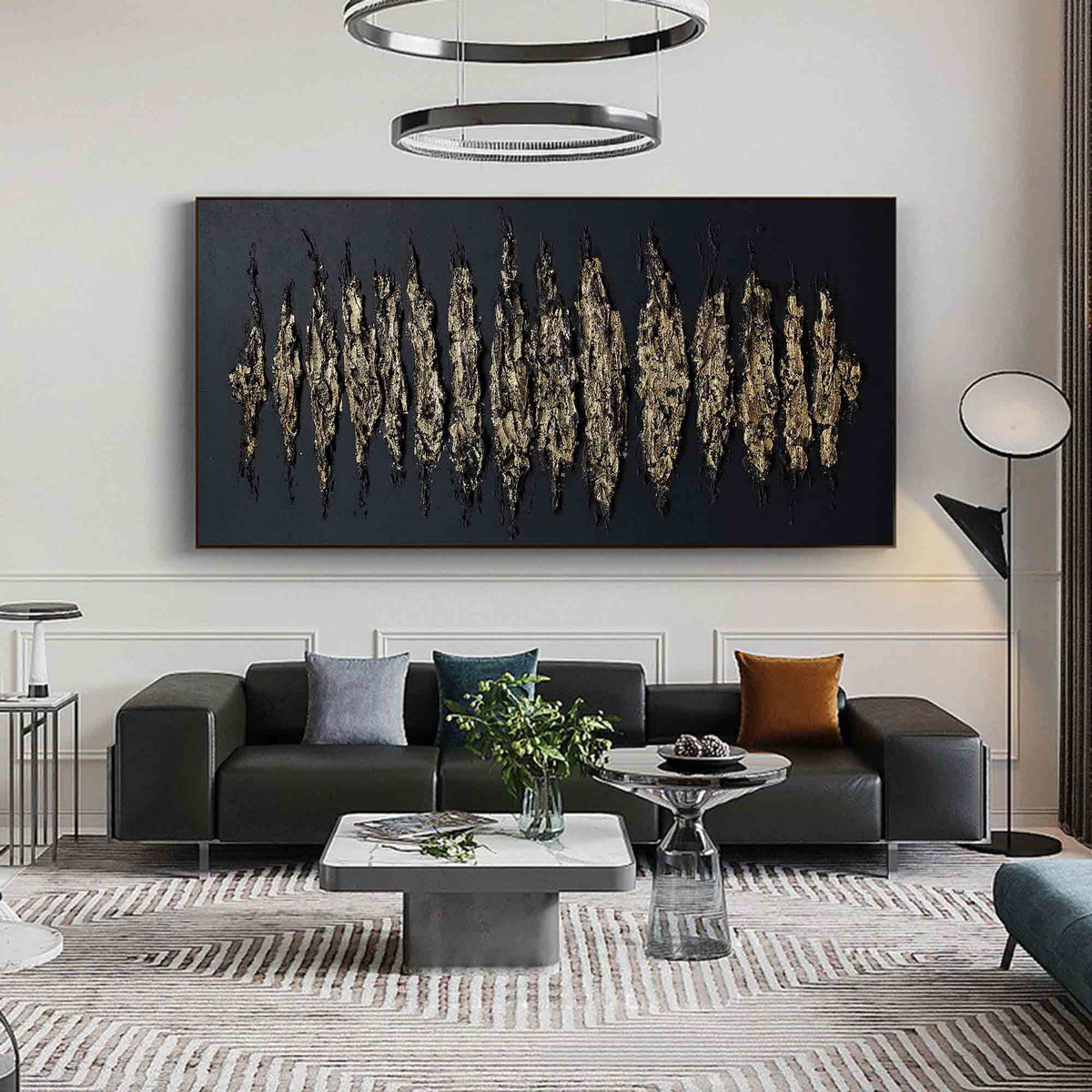 Wall Art Gold Black Abstract Strokes Modern Luxury Texture Living Room