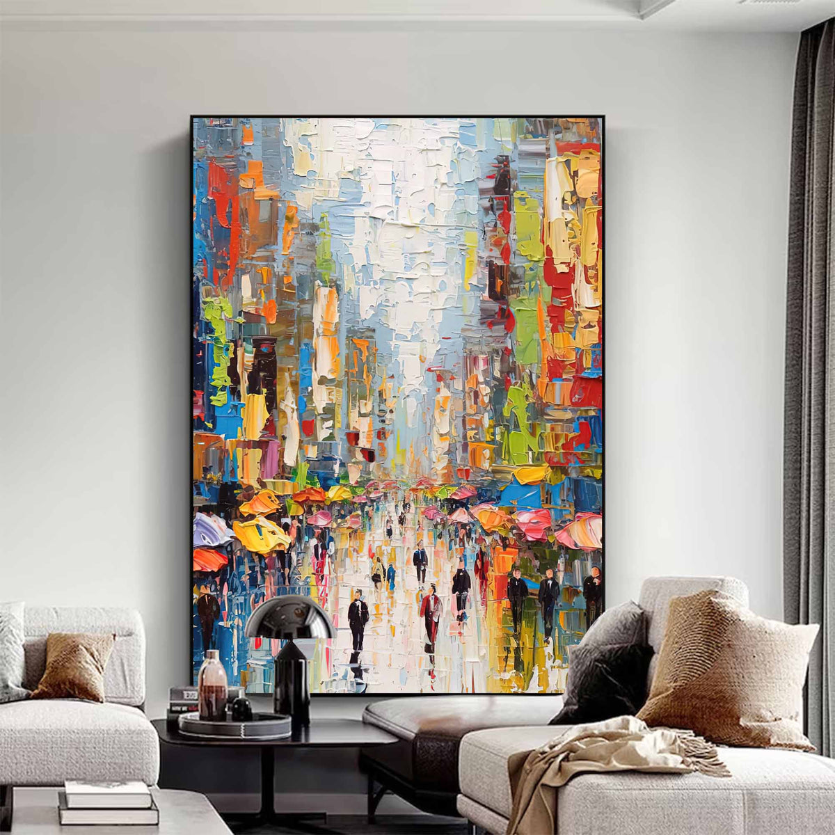 Vibrant Impasto City Street Oil Painting Rainy Day Umbrella